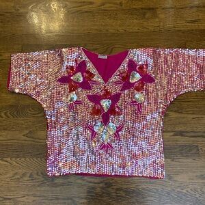 Silver Sequin & hot Pink Vintage 80s Party Top Large